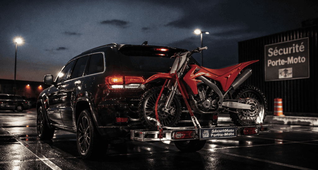 porte moto sur attelage sur SUV parking crépuscule