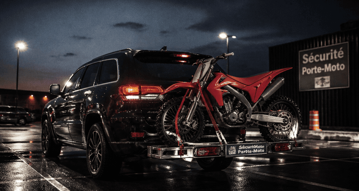 porte moto sur attelage sur SUV parking crépuscule