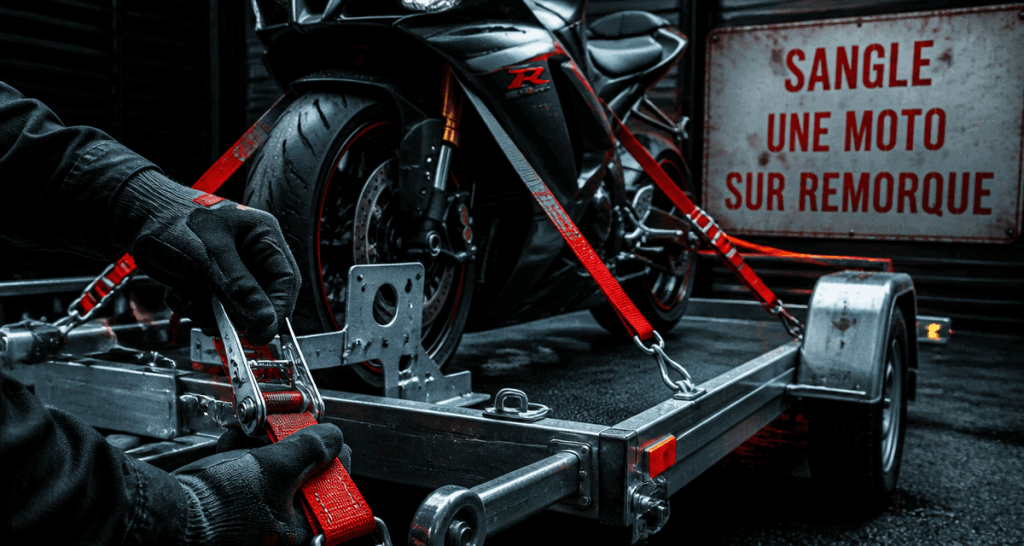 Sangle une moto sur remorque avec sangles rouges et boucle à cliquet