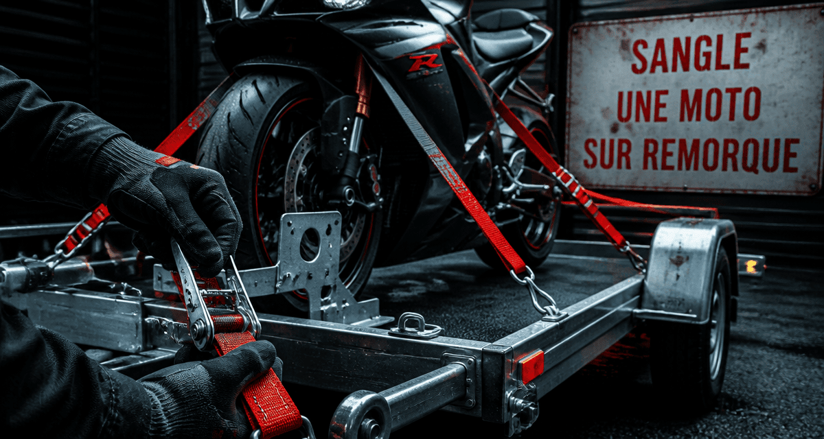 Sangle une moto sur remorque avec sangles rouges et boucle à cliquet