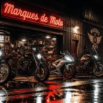 motocyclette marque devant garage industriel nuit