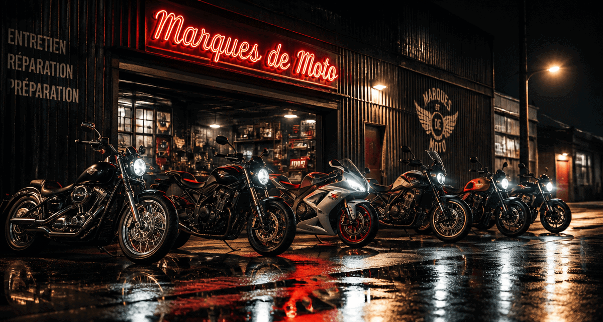 motocyclette marque devant garage industriel nuit