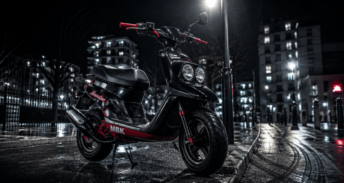 scooter booster garé sur bitume mouillé la nuit