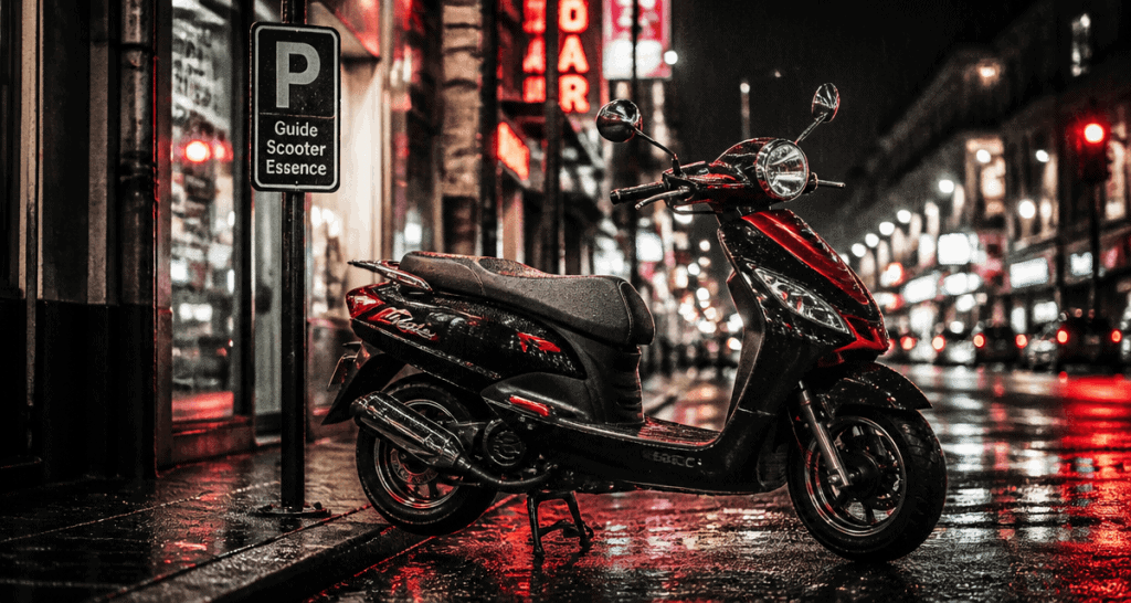 scooter essence 50cc noir rouge stationné trottoir nuit
