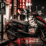 scooter essence 50cc noir rouge stationné trottoir nuit