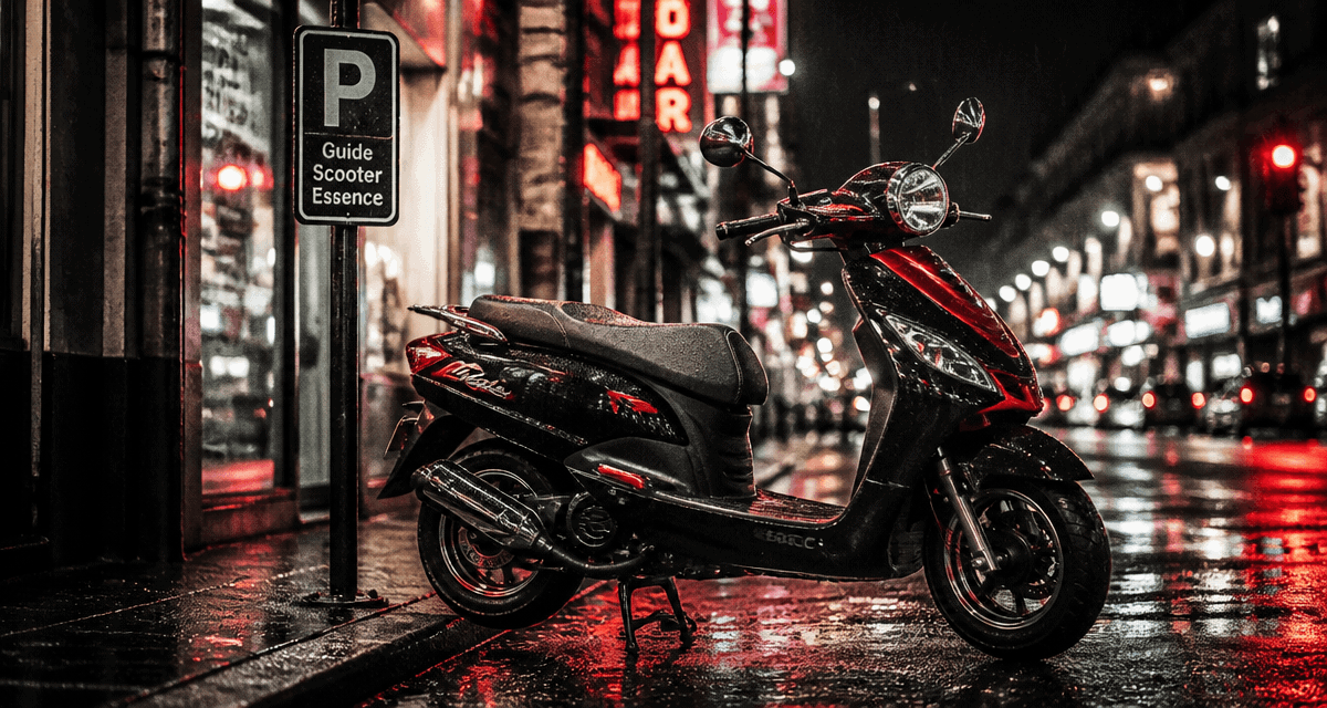 scooter essence 50cc noir rouge stationné trottoir nuit