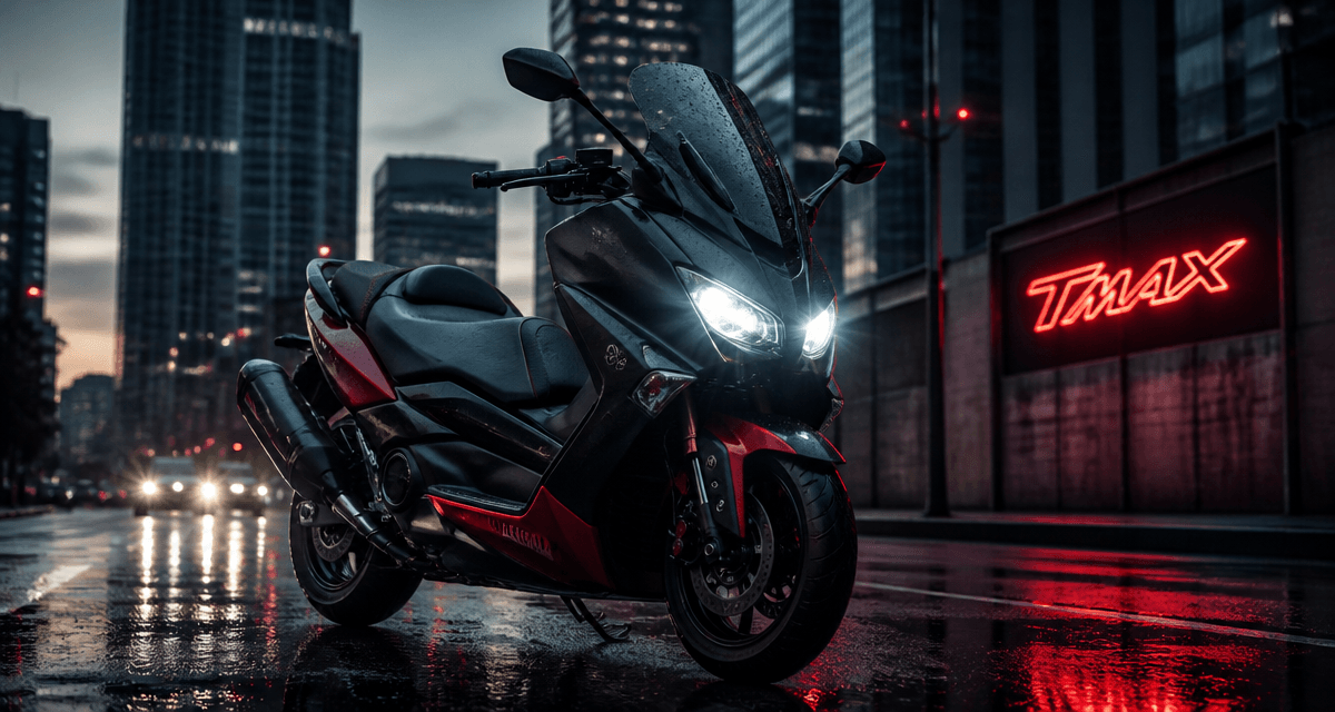 scooter tmax 560 noir rouge sur route mouillée
