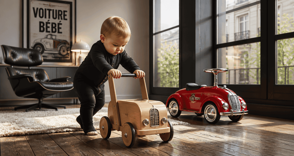 voiture bebe bois vintage et porteur rouge