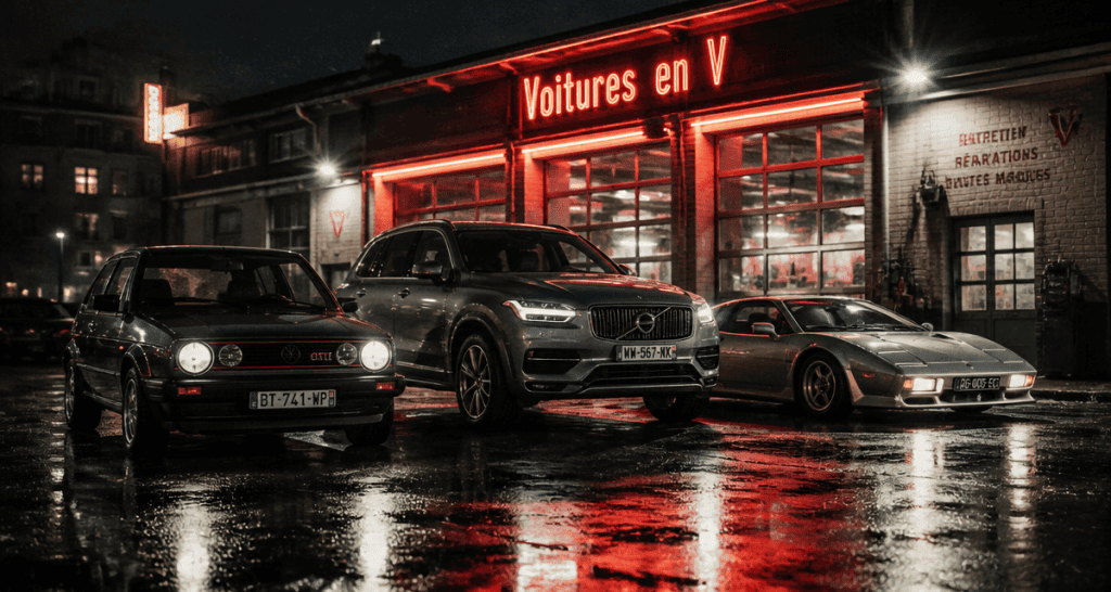 voiture en v alignées sur parking nocturne