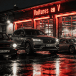 voiture en v alignées sur parking nocturne