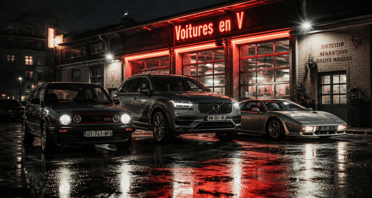 voiture en v alignées sur parking nocturne
