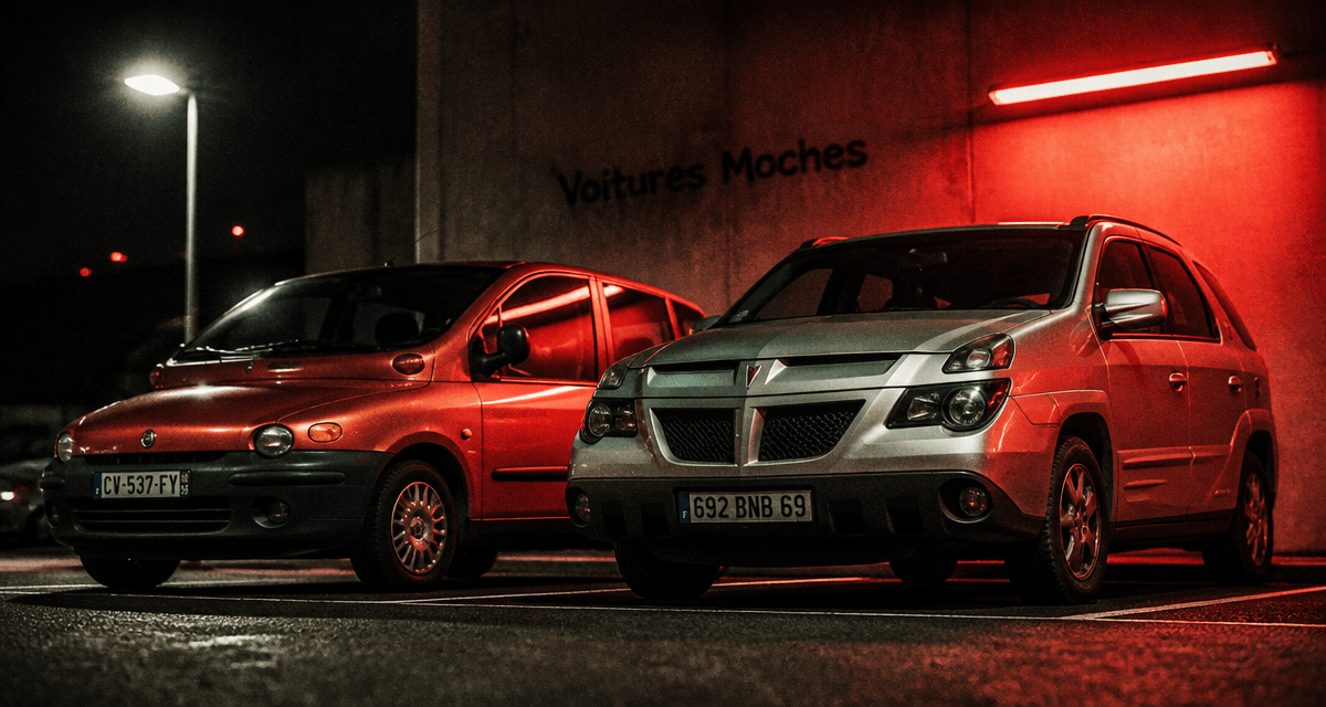 voiture moche Fiat Multipla et Pontiac Aztek garées la nuit