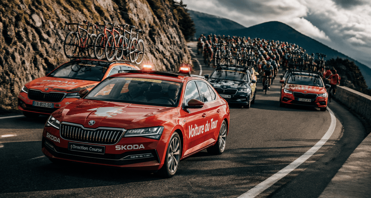 voiture tour de france direction course sur route montagne