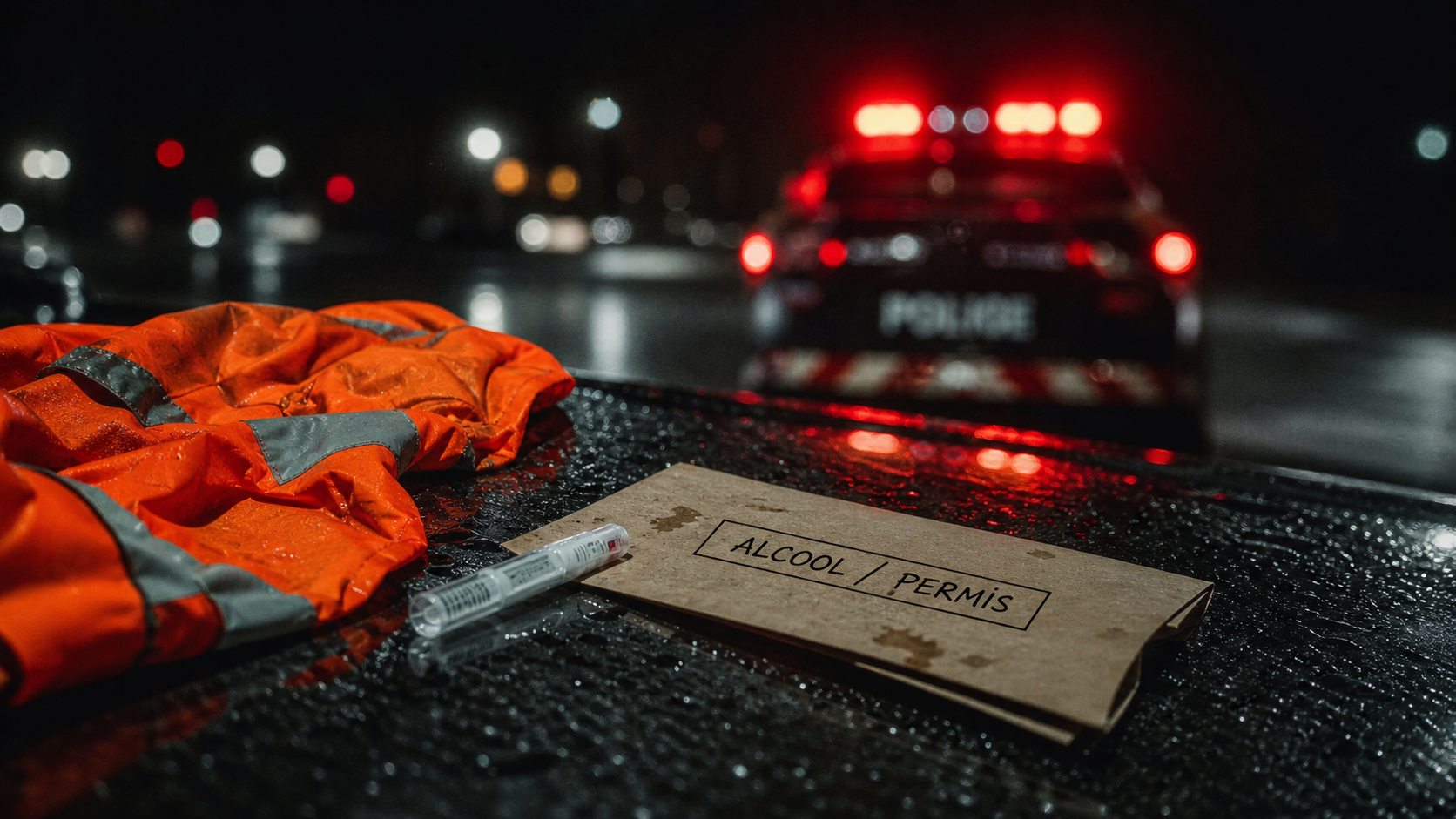 Conduite sans permis avec alcoolémie positive : gilet, éthylotest, véhicule de police