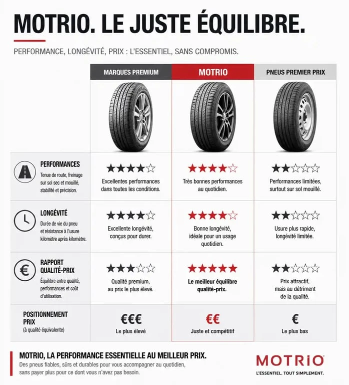 Infographie comparative des pneus Motrio : performances, longévité et rapport qualité-prix