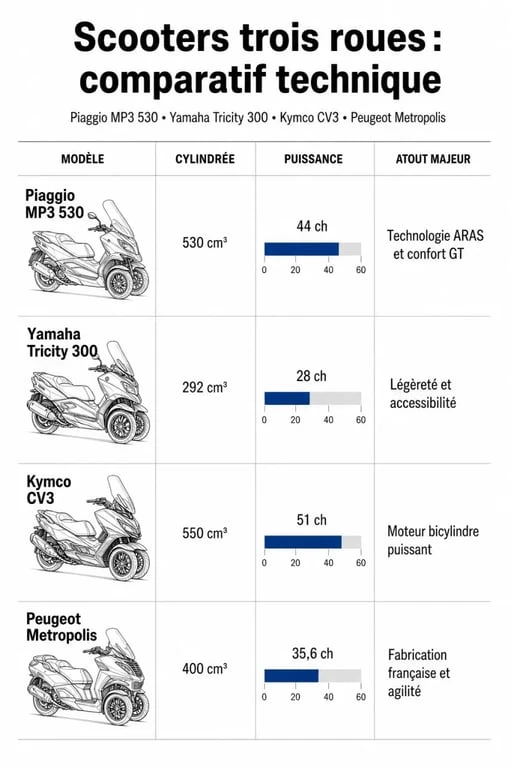 Comparatif des meilleurs scooters 3 roues : Piaggio MP3, Yamaha Tricity, Kymco CV3 et Peugeot Metropolis