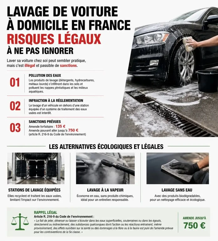 Infographie sur l'interdiction de laver sa voiture chez soi et les alternatives légales