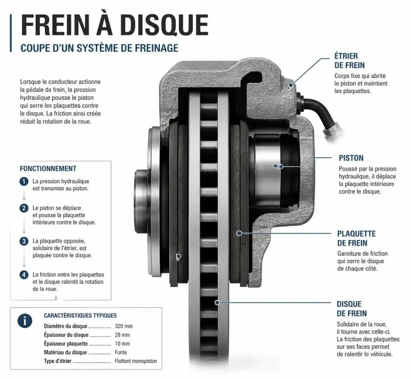 Schéma technique d'un système de freinage à disque pour comprendre pourquoi un frein qui siffle quand je freine doucement