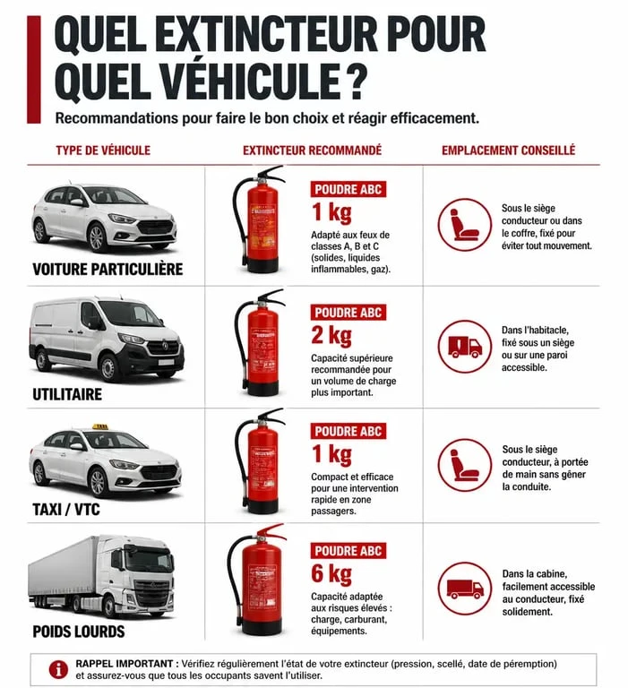 Infographie récapitulative des recommandations d'extincteurs pour voiture selon le type de véhicule