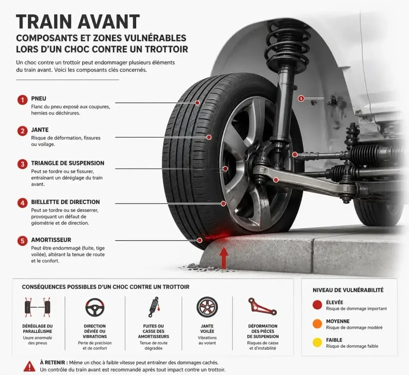 Schéma des composants du train avant d'une voiture vulnérables après un choc contre un trottoir
