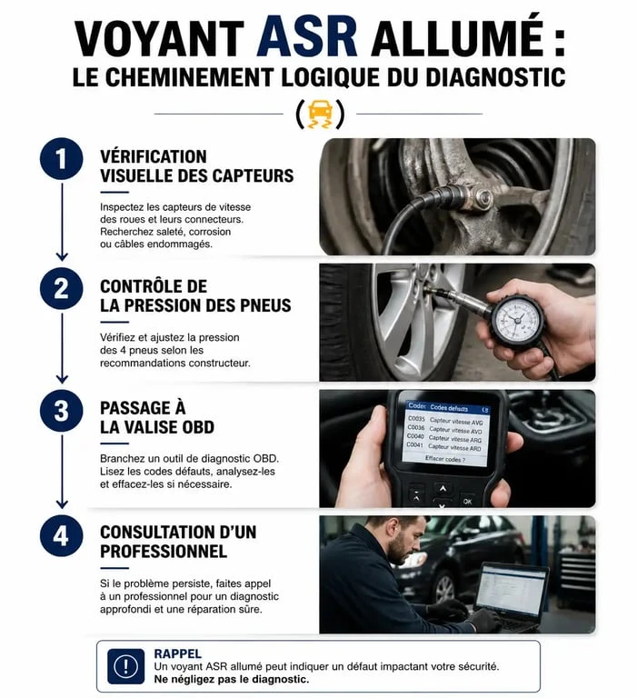 Infographie des étapes de diagnostic pour un voyant ASR allumé sur le tableau de bord