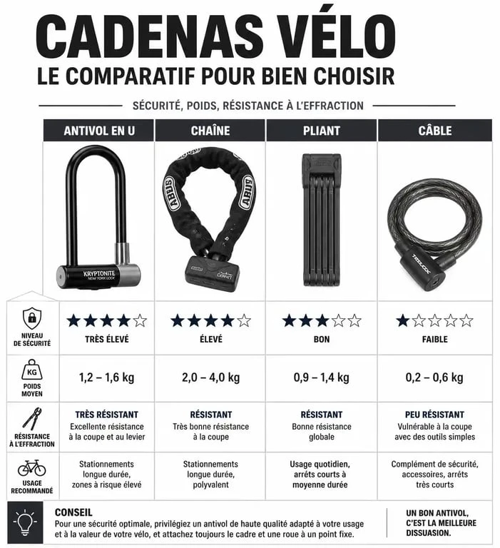 Comparatif des niveaux de sécurité des différents cadenas vélo : U, chaîne, pliant et câble.