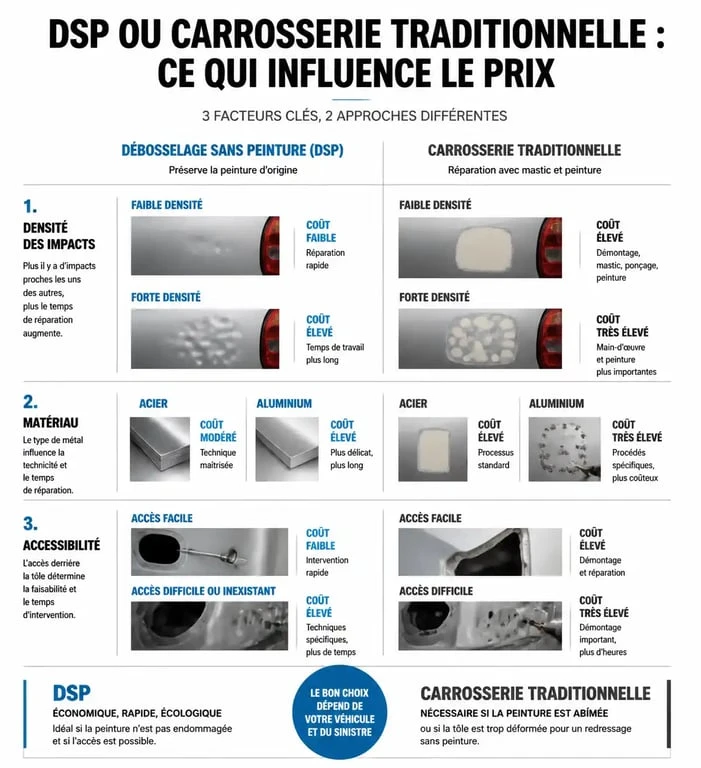 Infographie sur les facteurs influençant le prix du débosselage d'une voiture grêlée