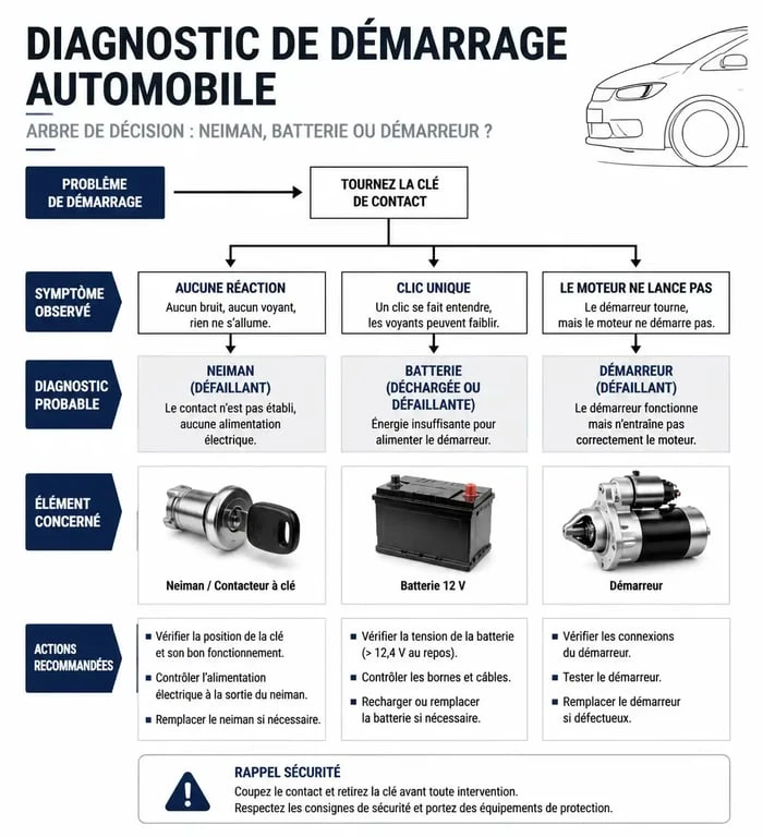 Infographie de diagnostic : panne de neiman, batterie ou démarreur, comment identifier les symptômes.