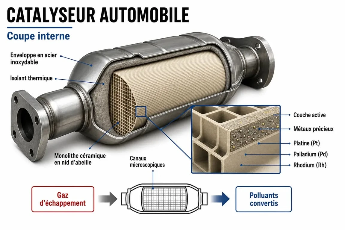 Schéma technique du fonctionnement d'un catalyseur automobile pour le rachat de catalyseur