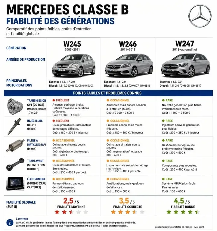 Infographie récapitulative des modèles de Mercedes Classe B à éviter et points de vigilance pour l'achat d'occasion