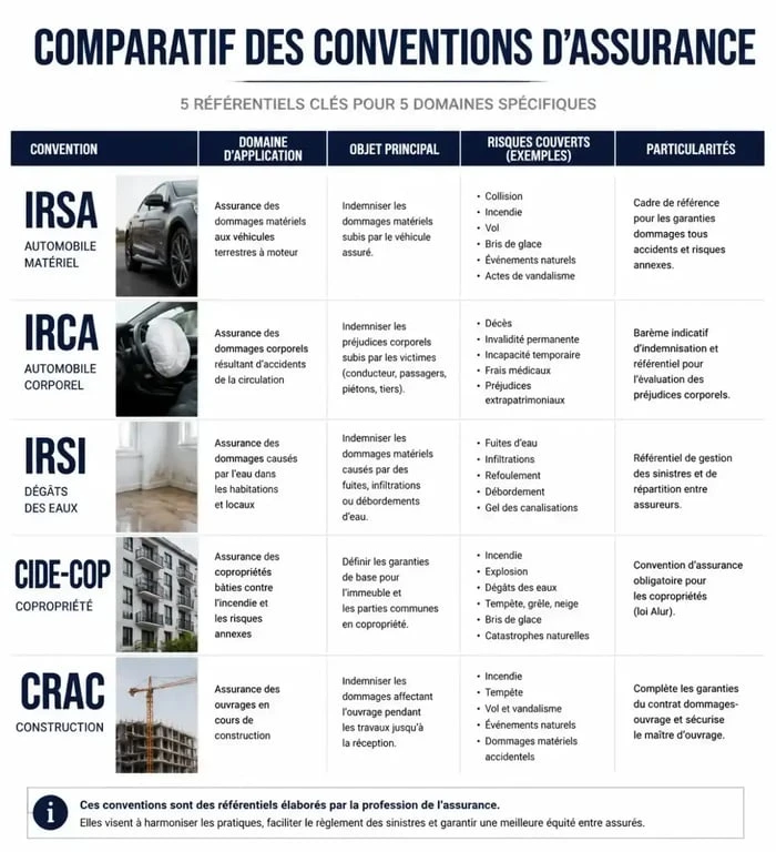 Tableau comparatif des conventions d'assurances IRSA, IRCA, IRSI, CIDE-COP et CRAC pour la gestion des sinistres