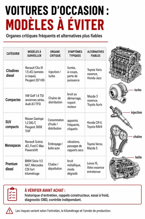 Tableau comparatif des voitures d'occasion à éviter et alternatives fiables pour un achat sécurisé