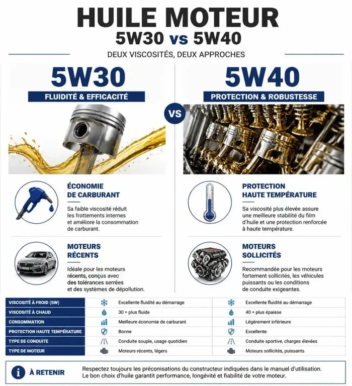 Infographie comparative des huiles moteur 5w30 ou 5w40 pour choisir la viscosité adaptée