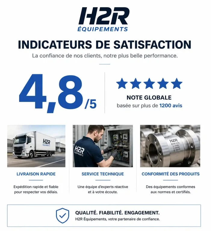 Infographie des avis clients H2R Equipements : note de 4,8 sur 5 et points forts du service