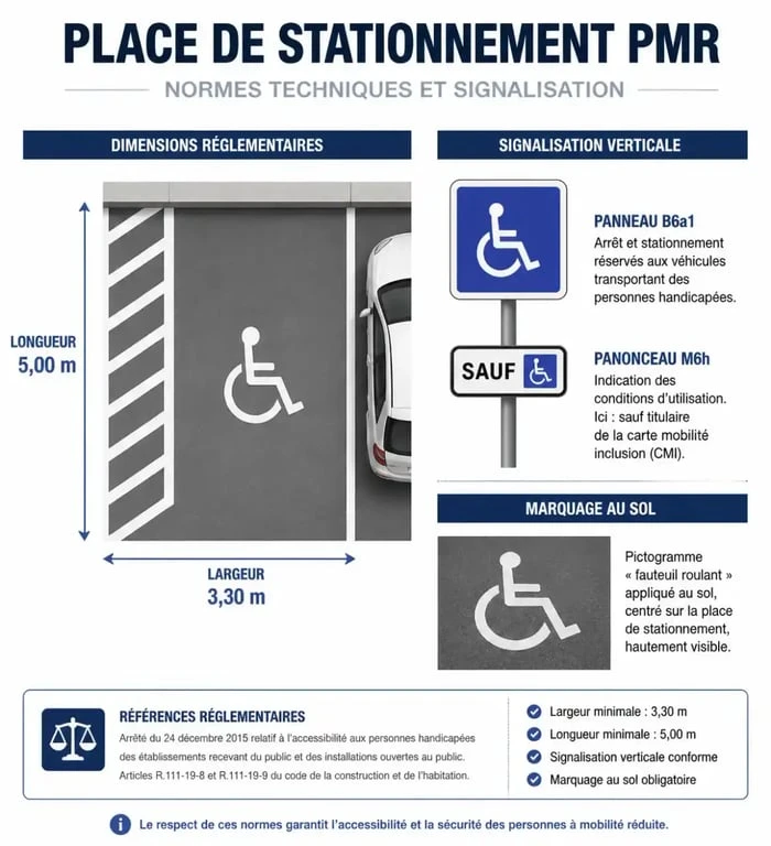 Schéma technique des normes d'une place de stationnement PMR conforme