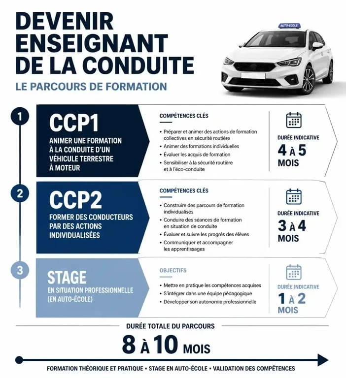 Infographie du parcours de formation moniteur auto école et durée formation moniteur auto école