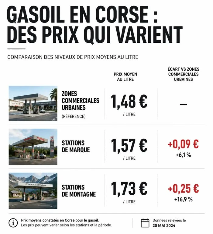 Comparatif des prix du gasoil en Corse par type de zone géographique
