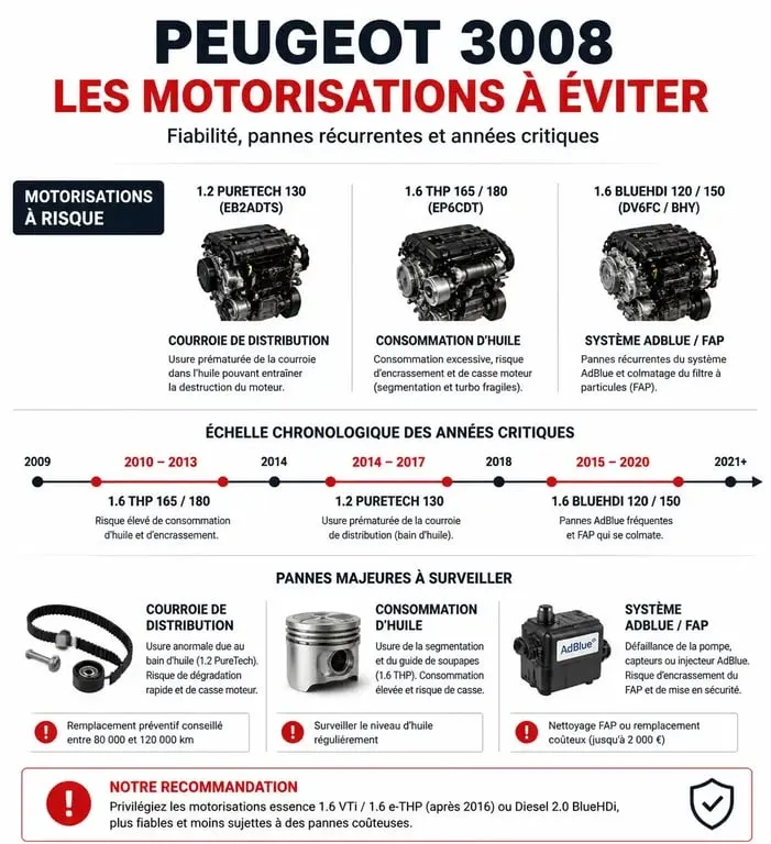 Tableau récapitulatif des motorisations et années du Peugeot 3008 à éviter lors d'un achat d'occasion.
