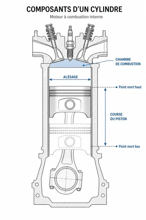 Schéma explicatif des paramètres pour calculer la cylindrée d'un moteur : alésage et course