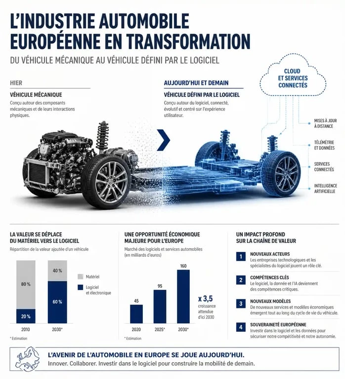 Infographie sur la transformation de l'industrie automotive europe vers le véhicule défini par logiciel