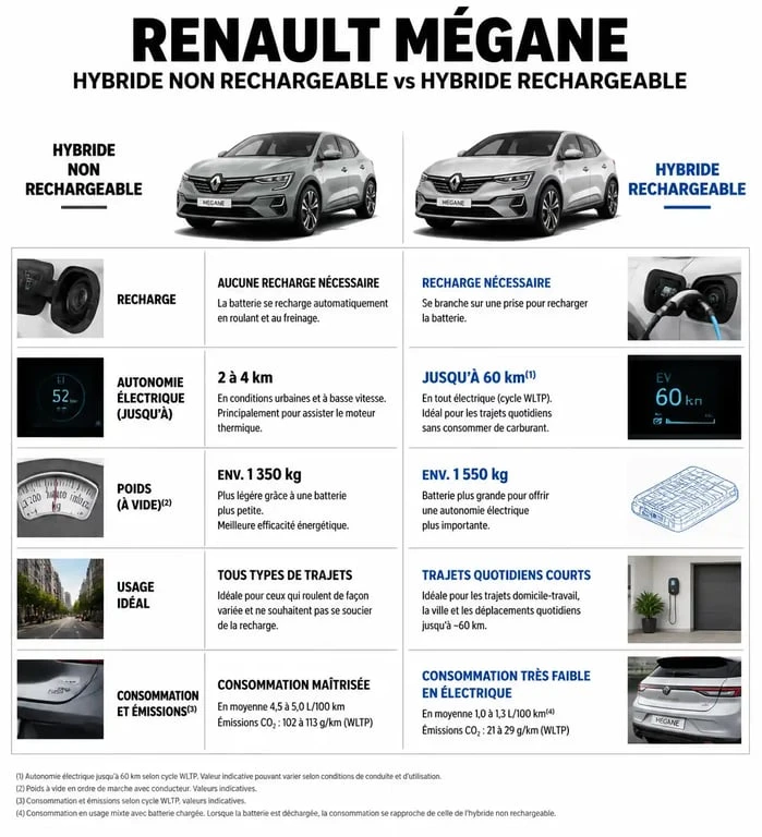 Comparatif technique entre Renault Mégane hybride non rechargeable et hybride rechargeable
