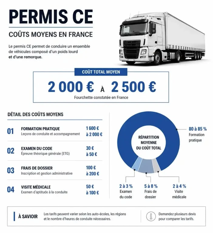 Infographie des coûts moyens pour obtenir le permis CE en France