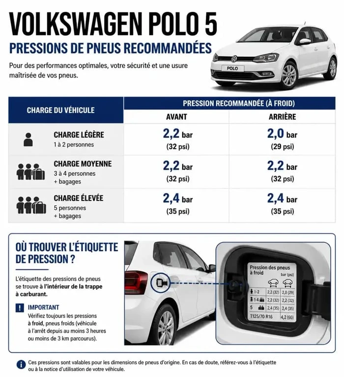 Tableau des pressions de pneus pour Volkswagen Polo 5 et emplacement de l'étiquette de gonflage