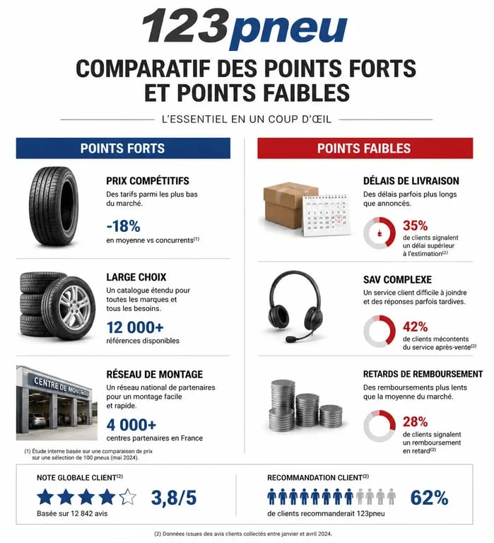 Infographie récapitulative des avis sur 123pneu : points forts et points faibles pour un achat de pneus en ligne