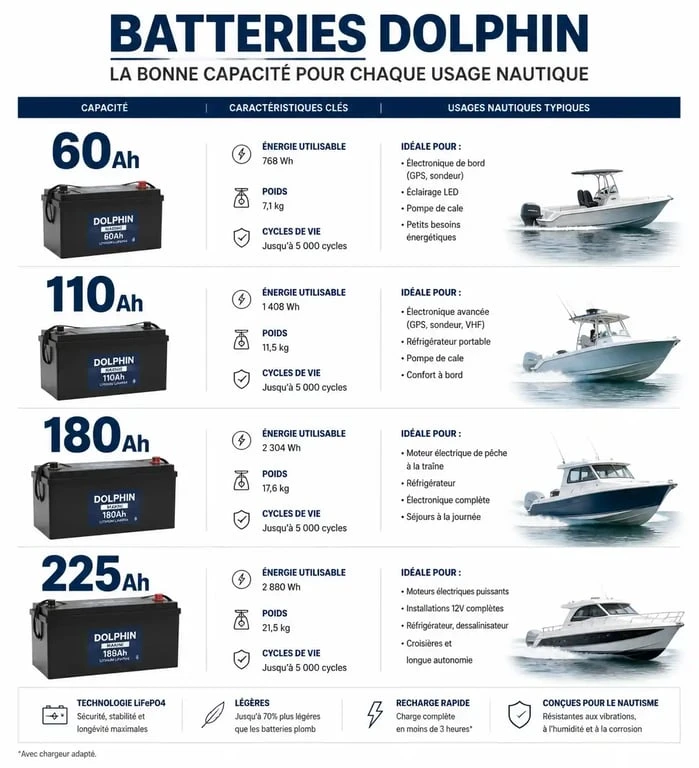 Infographie comparative des capacités et usages des batteries Dolphin pour le nautisme