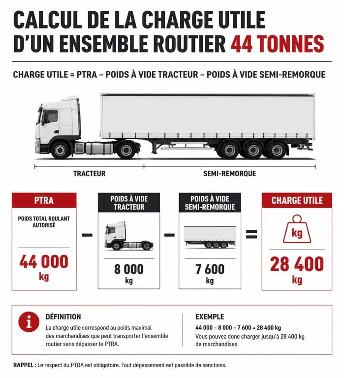Schéma explicatif du calcul de la charge utile d'une semi-remorque 44t