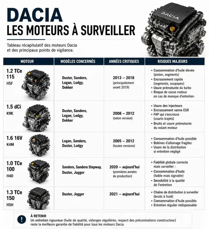 Tableau récapitulatif des moteurs Dacia à éviter lors de l'achat d'un véhicule d'occasion