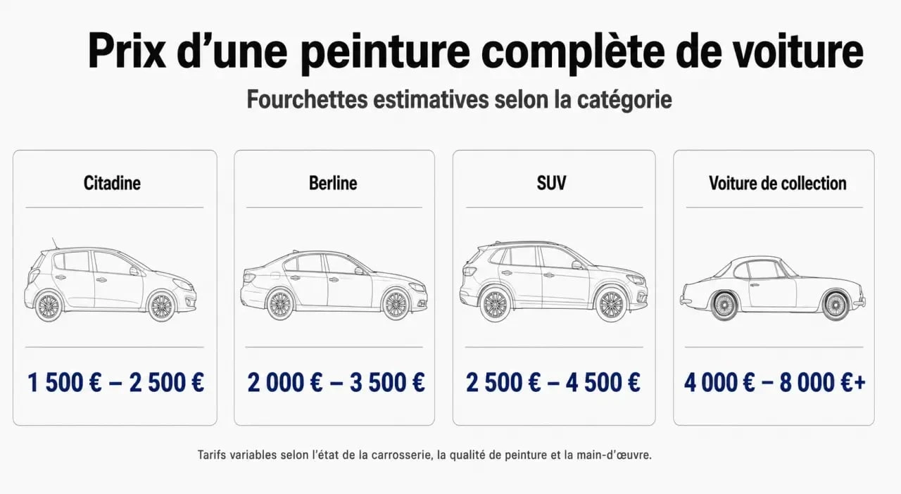 Infographie des prix d'une peinture complète de voiture par catégorie de véhicule