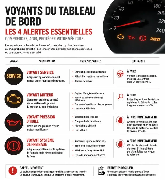 Infographie des principaux voyants de tableau de bord incluant le voyant service, moteur, huile et frein