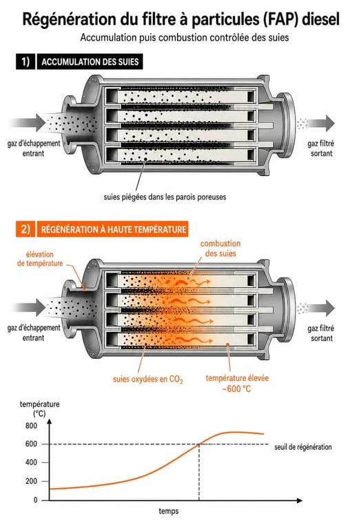 Schéma explicatif du fonctionnement et du risque de colmatage filtre à particule sur moteur diesel